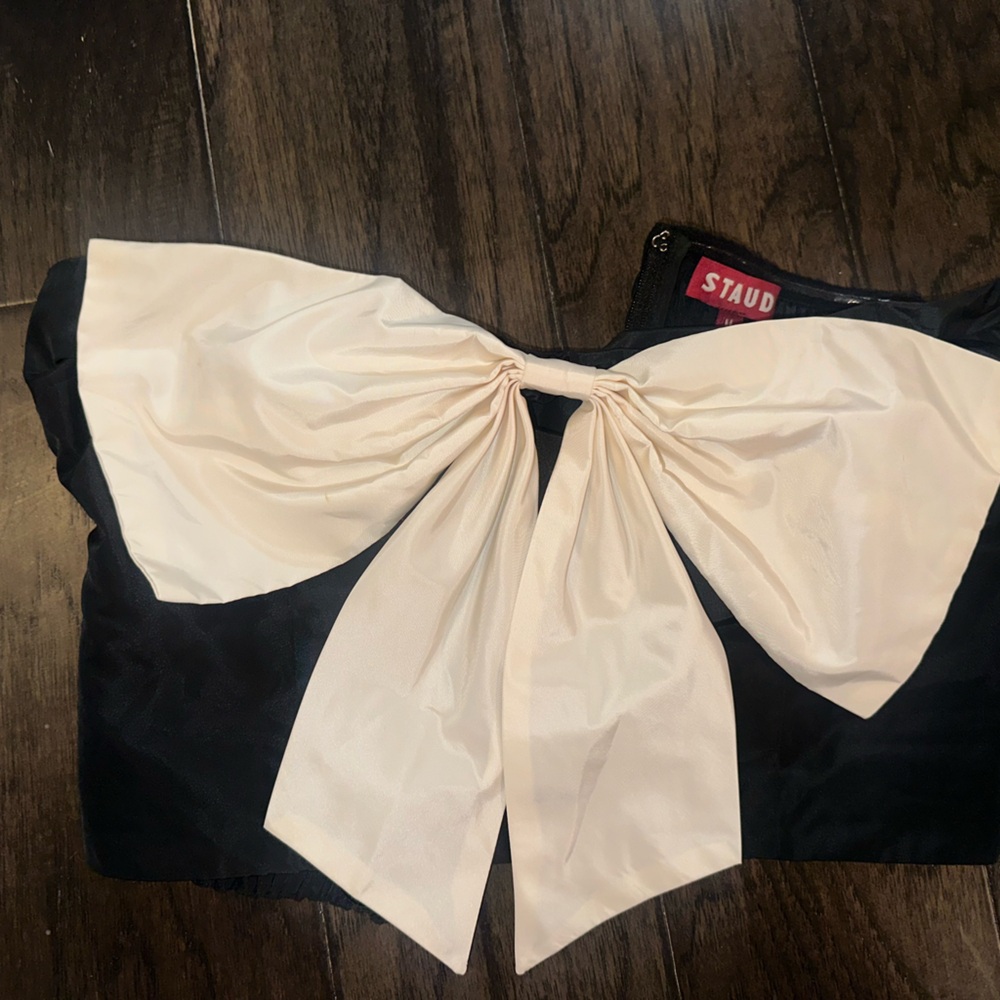 STAUD Black Top with Cream Bow Accent
